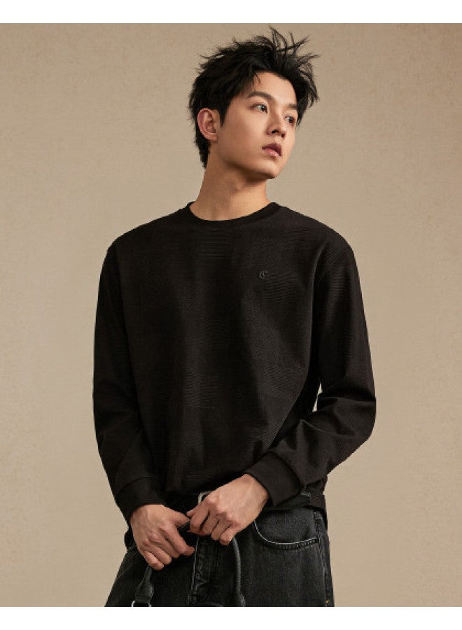 Cabbeen Men's T-shirt Geometric Cube Embossed Jacquard Knitting Craft 2026 Spring Long Sleeve T-shirt - Image 1