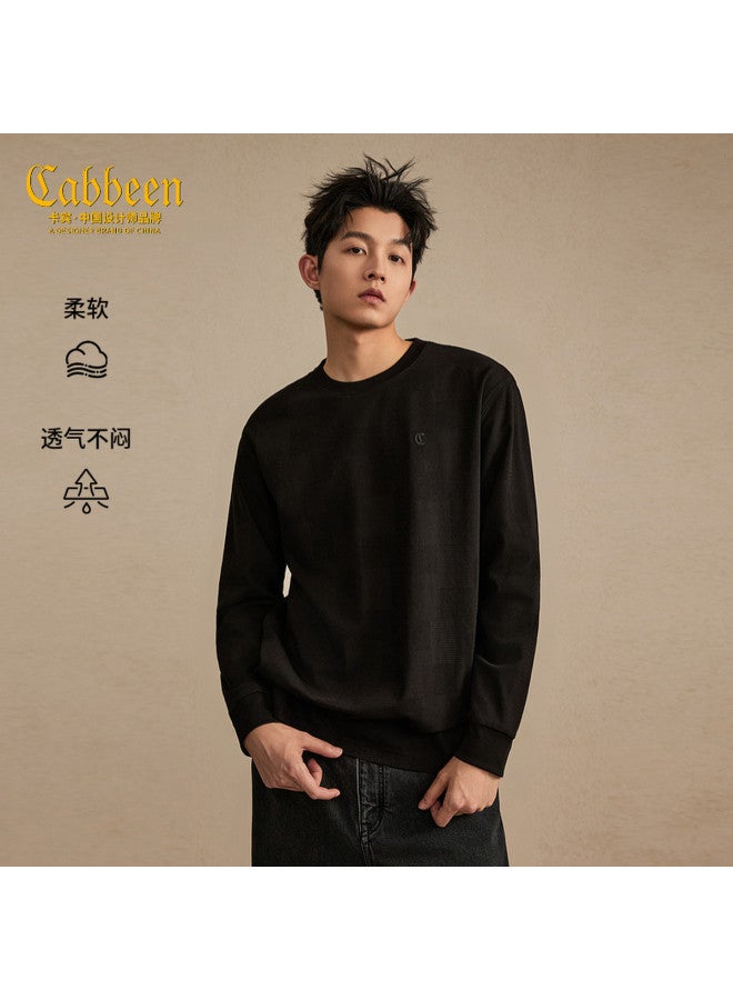 Cabbeen Men's T-shirt Geometric Cube Embossed Jacquard Knitting Craft 2026 Spring Long Sleeve T-shirt - Image 2