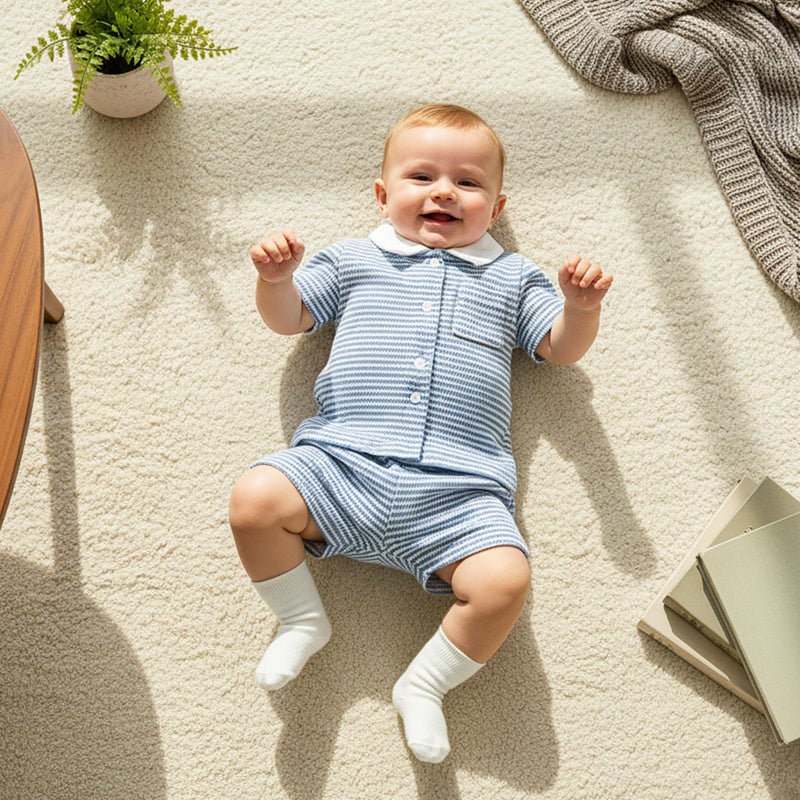 fhutpw Baby Toddler Boy Clothes Striped Button Down Shirt Tops + Elastic Waist Shorts Infant Boys Summer Outfits 2PCS Sets (A Blue, 2-3T) - Image 2