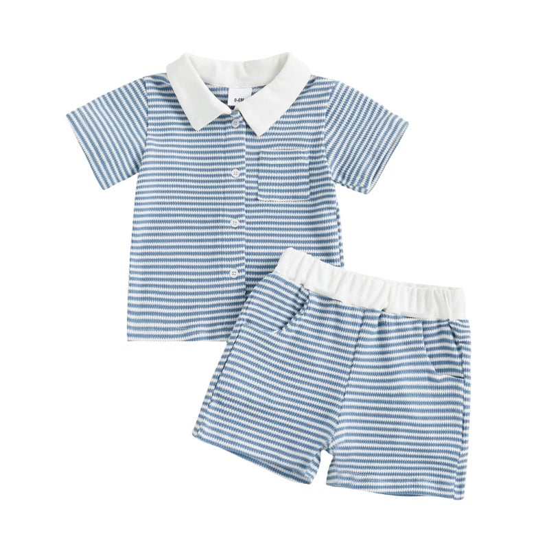 fhutpw Baby Toddler Boy Clothes Striped Button Down Shirt Tops + Elastic Waist Shorts Infant Boys Summer Outfits 2PCS Sets (A Blue, 2-3T) - Image 1