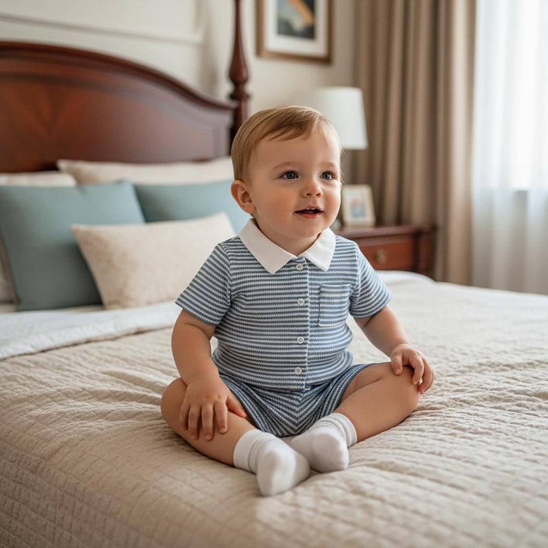 fhutpw Baby Toddler Boy Clothes Striped Button Down Shirt Tops + Elastic Waist Shorts Infant Boys Summer Outfits 2PCS Sets (A Blue, 2-3T) - Image 3