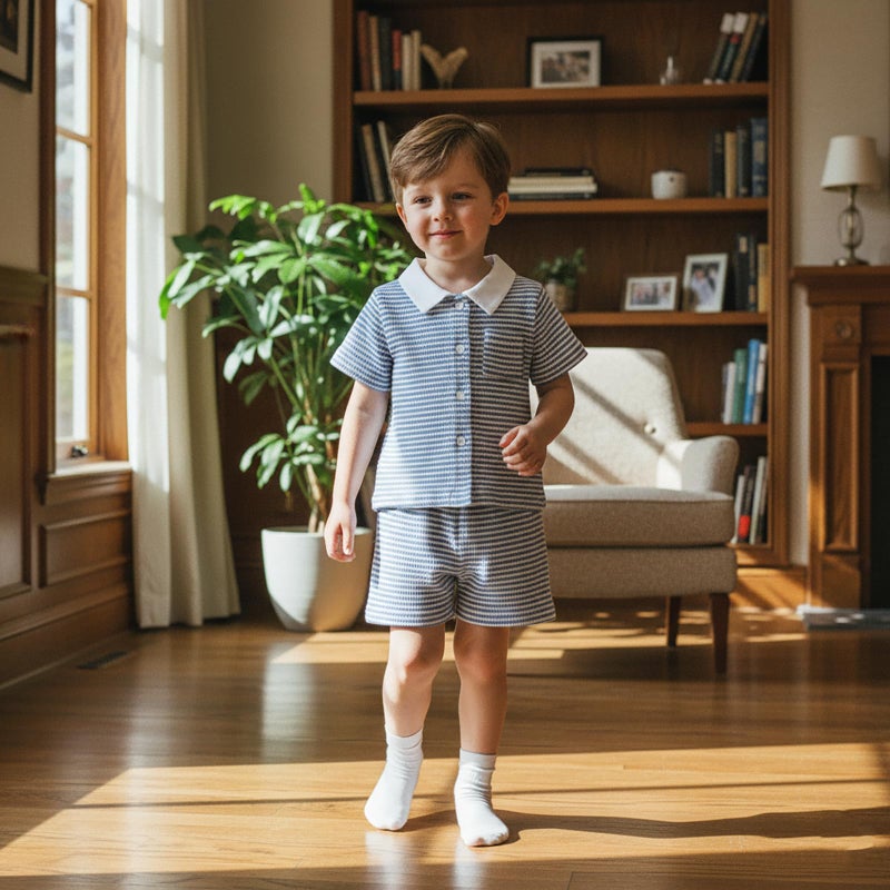 fhutpw Baby Toddler Boy Clothes Striped Button Down Shirt Tops + Elastic Waist Shorts Infant Boys Summer Outfits 2PCS Sets (A Blue, 2-3T) - Image 4