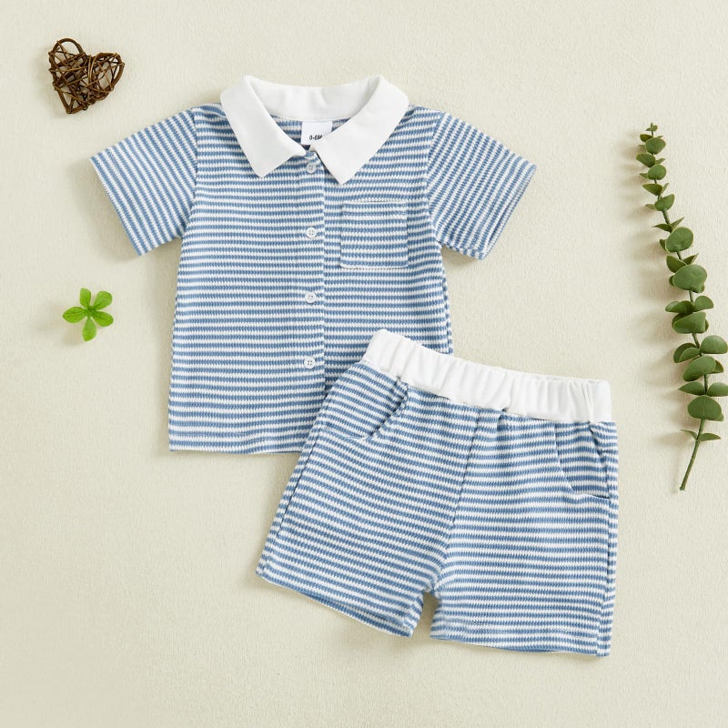 fhutpw Baby Toddler Boy Clothes Striped Button Down Shirt Tops + Elastic Waist Shorts Infant Boys Summer Outfits 2PCS Sets (A Blue, 2-3T) - Image 5
