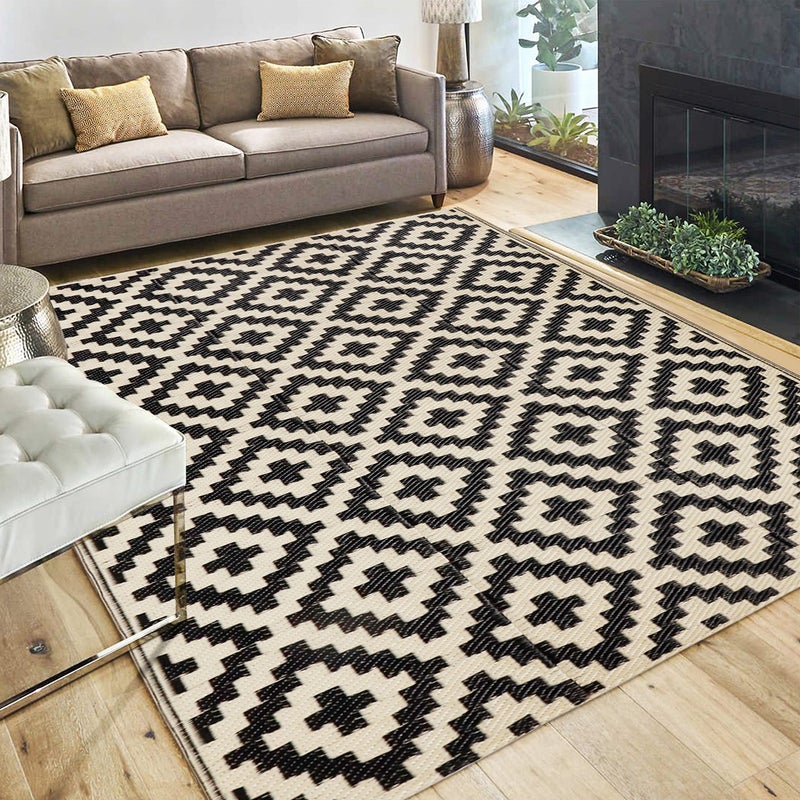 SAND MINE Reversible Mats, Plastic Straw Rug, Modern Area Rug, Large Floor Mat and Rug for Outdoors, RV, Patio, Deck, Beach, Camping (Black & Beige Lattice, 4' x 6', -3% to 5% Size Variance) - Image 1