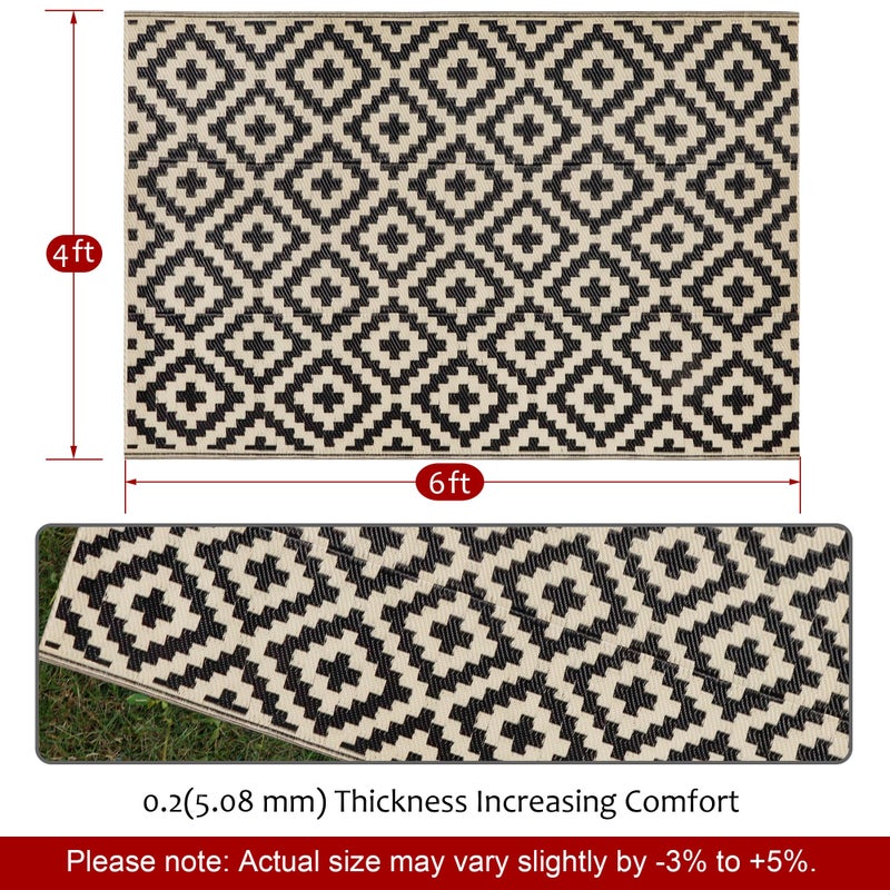 SAND MINE Reversible Mats, Plastic Straw Rug, Modern Area Rug, Large Floor Mat and Rug for Outdoors, RV, Patio, Deck, Beach, Camping (Black & Beige Lattice, 4' x 6', -3% to 5% Size Variance) - Image 3