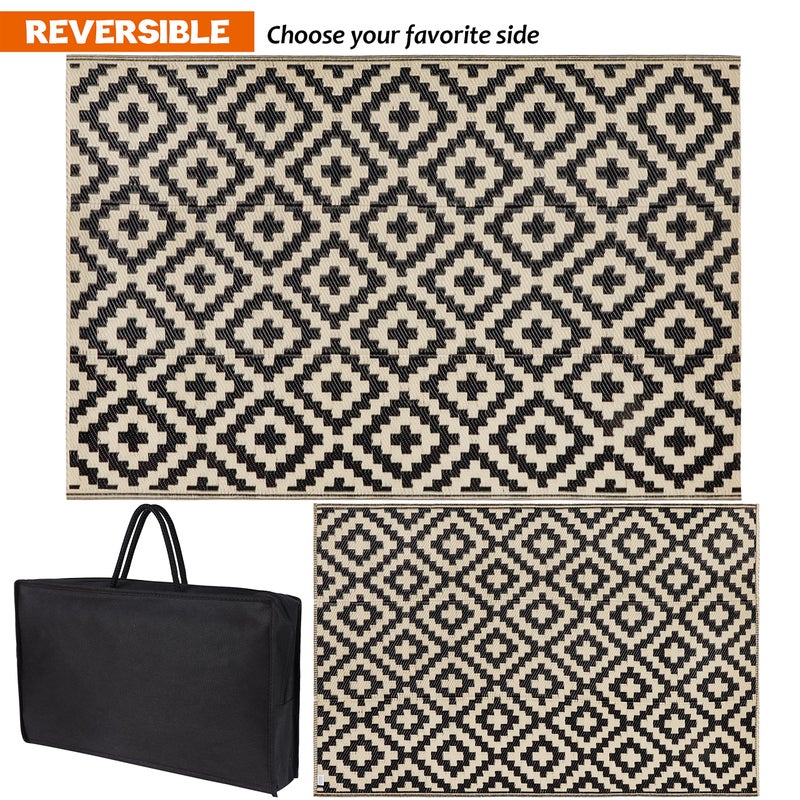 SAND MINE Reversible Mats, Plastic Straw Rug, Modern Area Rug, Large Floor Mat and Rug for Outdoors, RV, Patio, Deck, Beach, Camping (Black & Beige Lattice, 4' x 6', -3% to 5% Size Variance) - Image 2