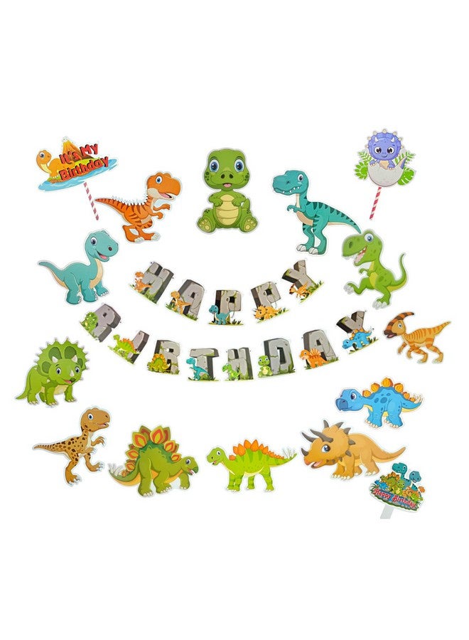 FI - FLICK IN 17 pcs Happy Birthday Dinosaur Theme Decoration Set Dino Figure Cutouts Props Cake Topper Dinosaur Theme Birthday Decorations Kit Jungle Safari Decor (Pack of 17, Multicolor) - Image 1