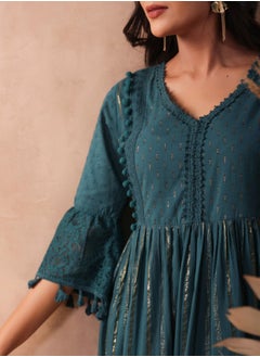 ISHIN Aline Fit Self Design Pattern V-Neck Neck 3/4 sleeve Teal Colour Knitted Cotton Dresses for Women with Semi Elastic Closure - Elevate Your Fashion Game  - Image 2