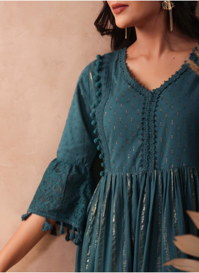 ISHIN - Aline Fit Self Design Pattern V-Neck Neck 3/4 sleeve Teal Colour Knitted Cotton Dresses for Women with Semi Elastic Closure - Elevate Your Fashion Game - Image 1