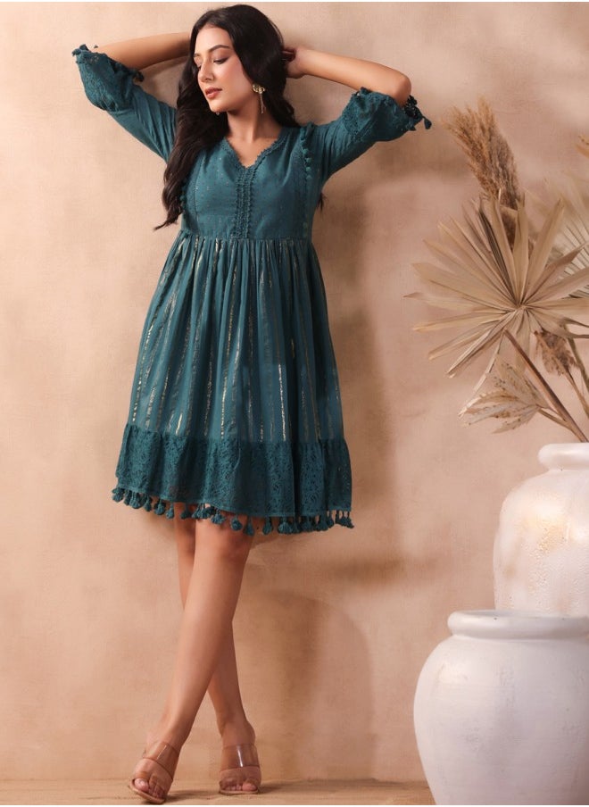 ISHIN - Aline Fit Self Design Pattern V-Neck Neck 3/4 sleeve Teal Colour Knitted Cotton Dresses for Women with Semi Elastic Closure - Elevate Your Fashion Game - Image 1