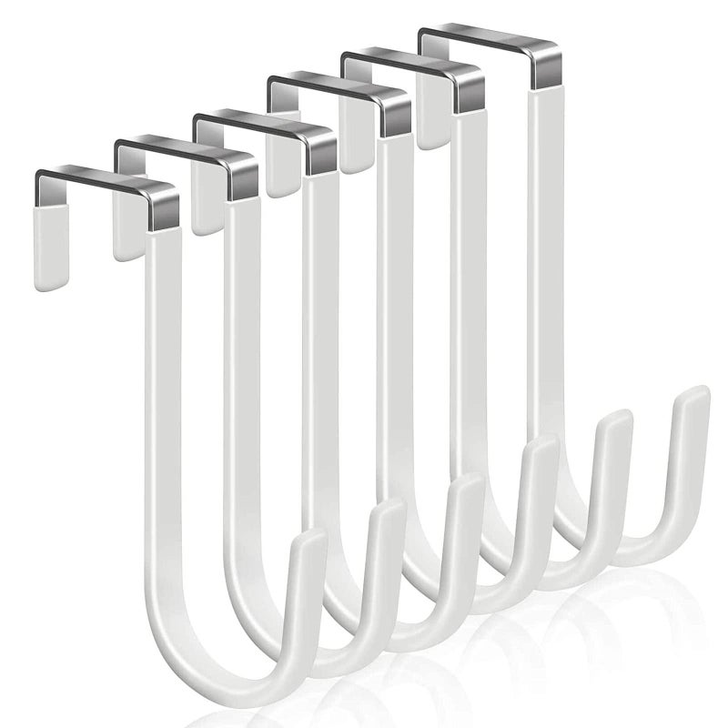 White Door Hooks – 6 Pieces, Over the Door, Metal, for Hanging Towels, Robes