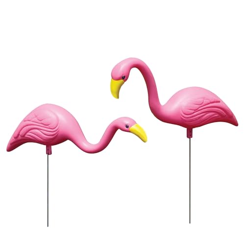 Bloem Mini Flamingo Yard Stakes: 2 Pieces, Head Up and Head Down Poses, Google Eyes, Galvinized Steel Legs, Durable Weatherproof Resin, for Indoor or Outdoor Use, Yard Decoration - Image 1