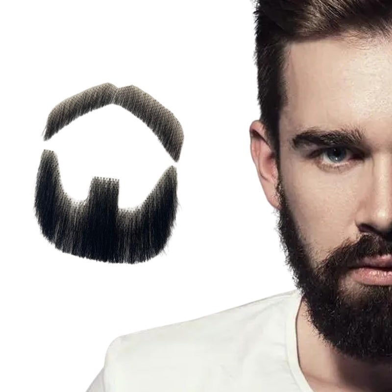 Fake Beard Human Hair Full Hand Tied Facial Hair Black Goatee False Beards Lace Invisible Fake FaceMustache for Entertainment Drama Party Costume Party (Style-1, Black)