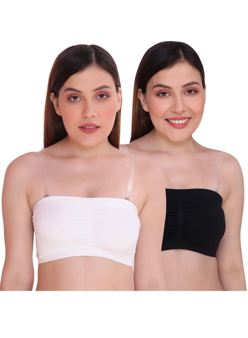 Glamroot Women's Padded Seamless Strapless Multi-Way Tube Bra with Back Hook & Removable Pads (Pack Of 2), Black/White - Image 1