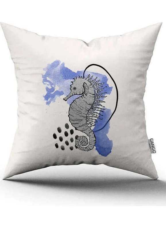 Cango Home Double Sided White Blue Seahorse Marine Patterned Digital Printed Throw Pillow Cover CGH1123
