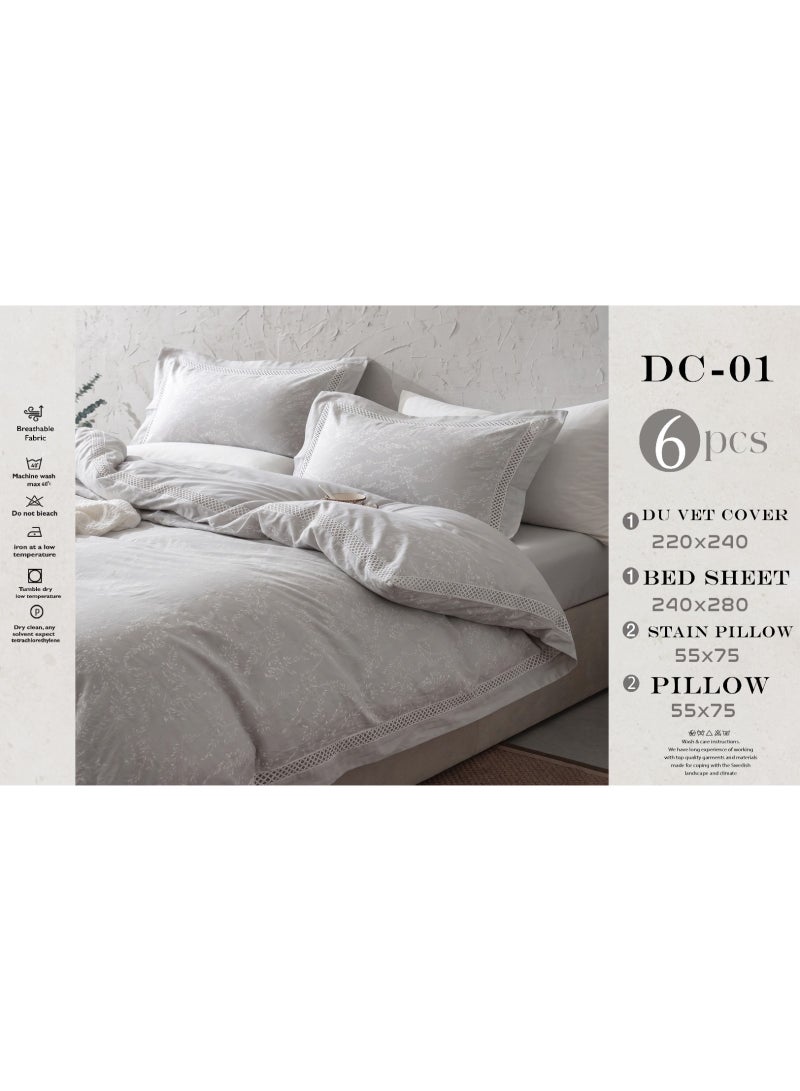 El Abd Luxury 6-Piece Jacquard Duvet Cover Set – Duvet Cover, Fitted Sheet, and 4 Pillowcases – 100% Cotton, Silver Gray - Image 4
