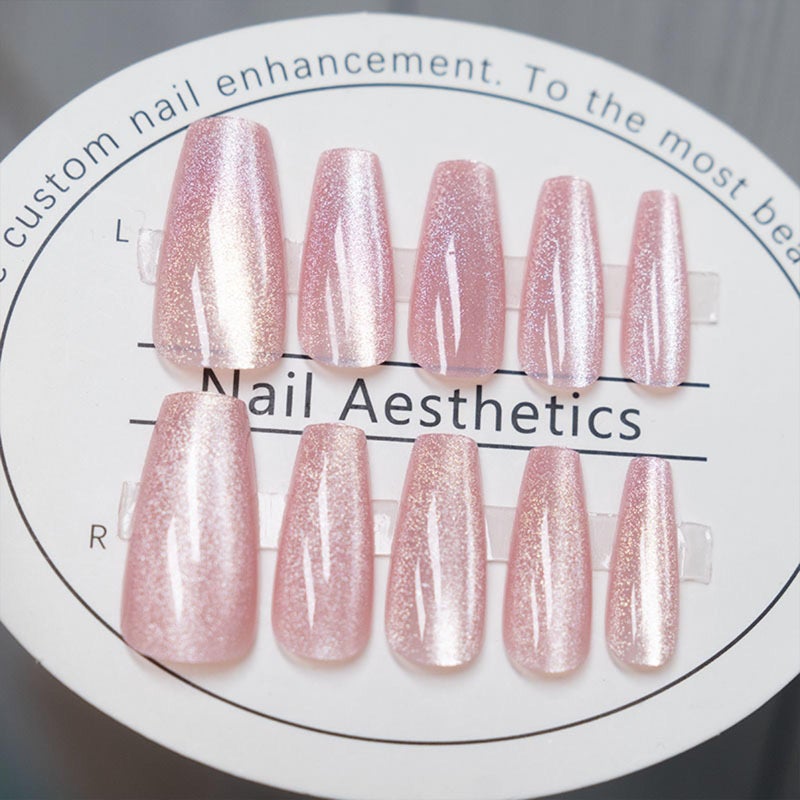 TOGZOM Long Coffin Press on Nails Light Pink Cat Eye Fake Nails Long Coffin False Nails with Gradient & Glitter Design Glossy Full Cover Glossy Acrylic Nails Reusable Stick on Nail for Women Girls 24Pcs - Image 3