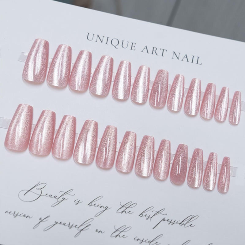 TOGZOM Long Coffin Press on Nails Light Pink Cat Eye Fake Nails Long Coffin False Nails with Gradient & Glitter Design Glossy Full Cover Glossy Acrylic Nails Reusable Stick on Nail for Women Girls 24Pcs - Image 4