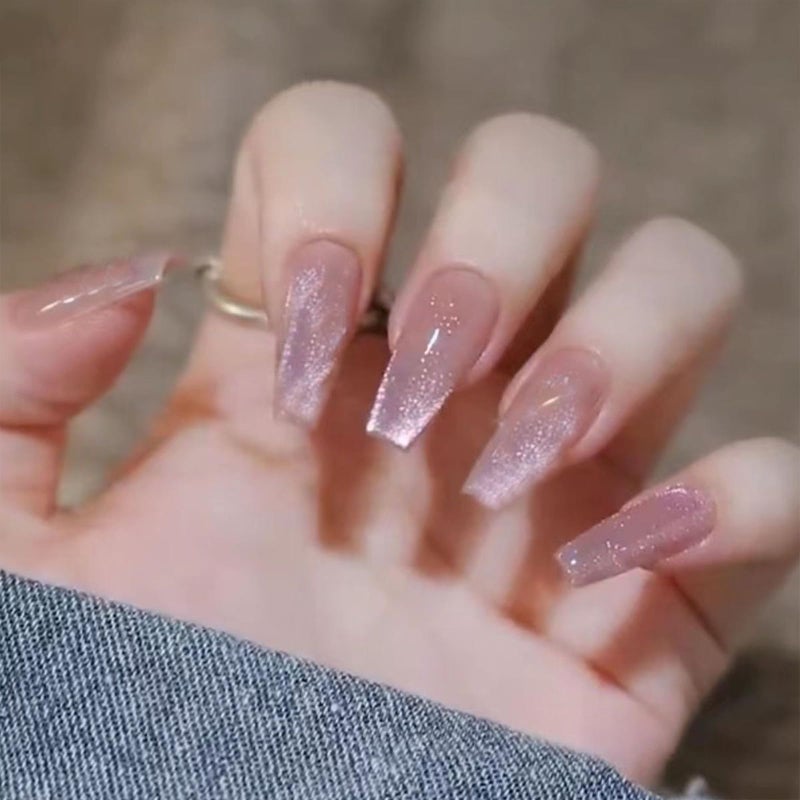 TOGZOM Long Coffin Press on Nails Light Pink Cat Eye Fake Nails Long Coffin False Nails with Gradient & Glitter Design Glossy Full Cover Glossy Acrylic Nails Reusable Stick on Nail for Women Girls 24Pcs - Image 1