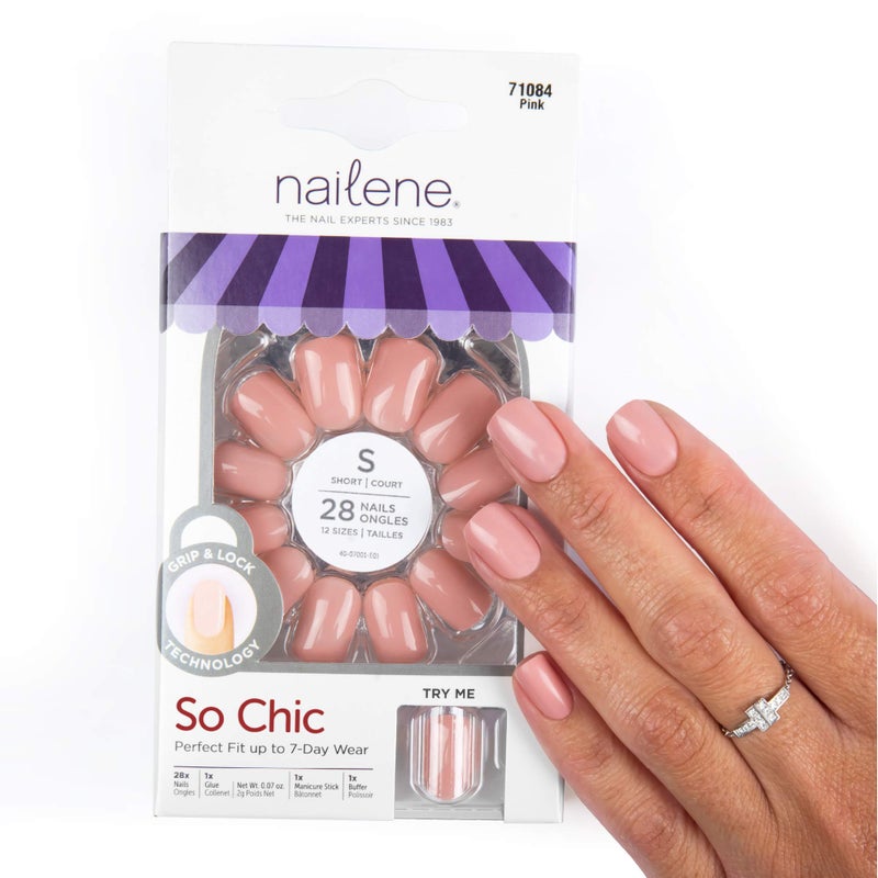 Nailene So Chic Short Artificial Nails Pink High Gloss Fake Nail Kit with 28 Nails 12 Sizes and Nail Glue Included Designed for Comfort Natural Look False Nails with up to 7 Days of Wear