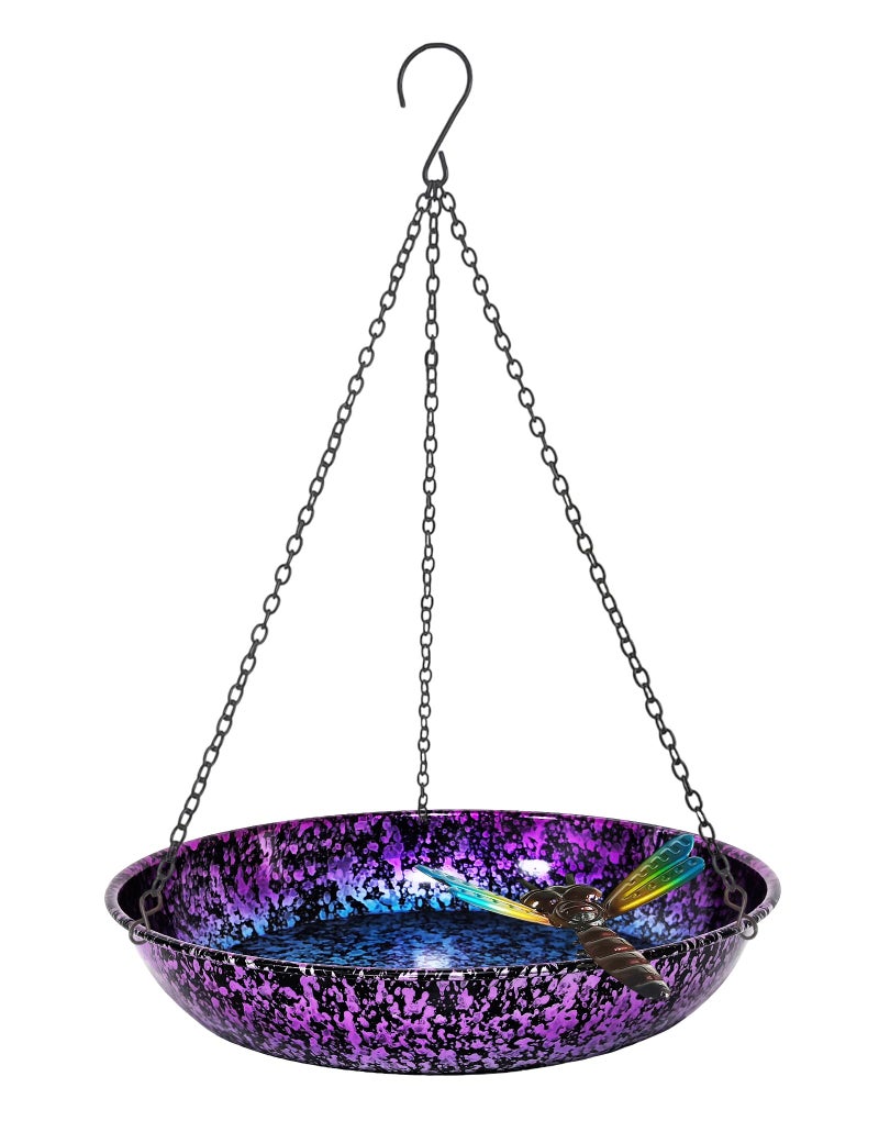 Keygift Hanging Bird Bath for Outdoor 11 Inch Colorful Purple&Blue Metal Bird Feeder Birdbath Bowl Mounted Rust-Proof Black Chain Metal Dragonfly Yard Art Garden Decor - Image 1