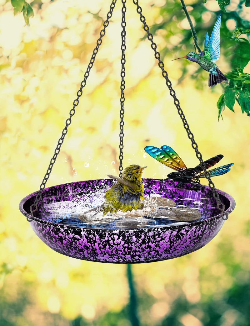 Keygift Hanging Bird Bath for Outdoor 11 Inch Colorful Purple&Blue Metal Bird Feeder Birdbath Bowl Mounted Rust-Proof Black Chain Metal Dragonfly Yard Art Garden Decor - Image 2