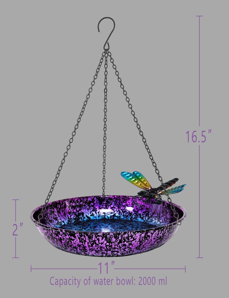 Keygift Hanging Bird Bath for Outdoor 11 Inch Colorful Purple&Blue Metal Bird Feeder Birdbath Bowl Mounted Rust-Proof Black Chain Metal Dragonfly Yard Art Garden Decor - Image 4