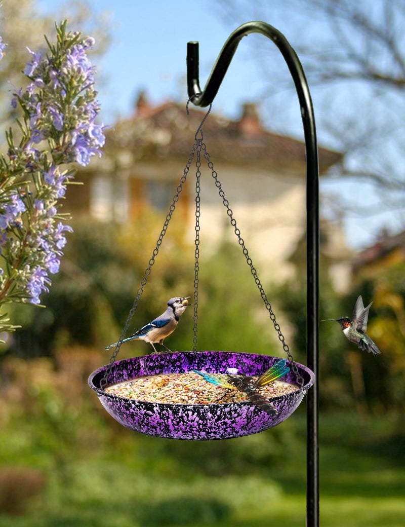 Keygift Hanging Bird Bath for Outdoor 11 Inch Colorful Purple&Blue Metal Bird Feeder Birdbath Bowl Mounted Rust-Proof Black Chain Metal Dragonfly Yard Art Garden Decor - Image 3