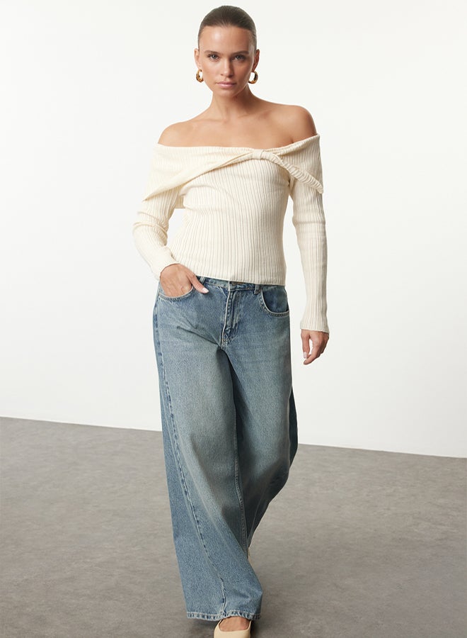 trendyol Ecru*001 Carmen Collar Color Block Fitted/Full Body Knit Sweater - Image 2