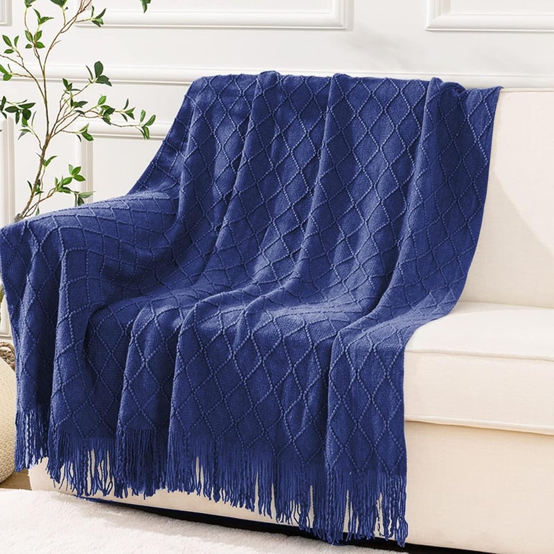 inhand Knitted Throw Blankets for Couch and Bed, Soft Cozy Knit Blanket with Tassel, Navy Blue Lightweight Decorative Blankets and Throws, Farmhouse Warm Woven Blanket for Men and Women, 50"x60" - Image 2