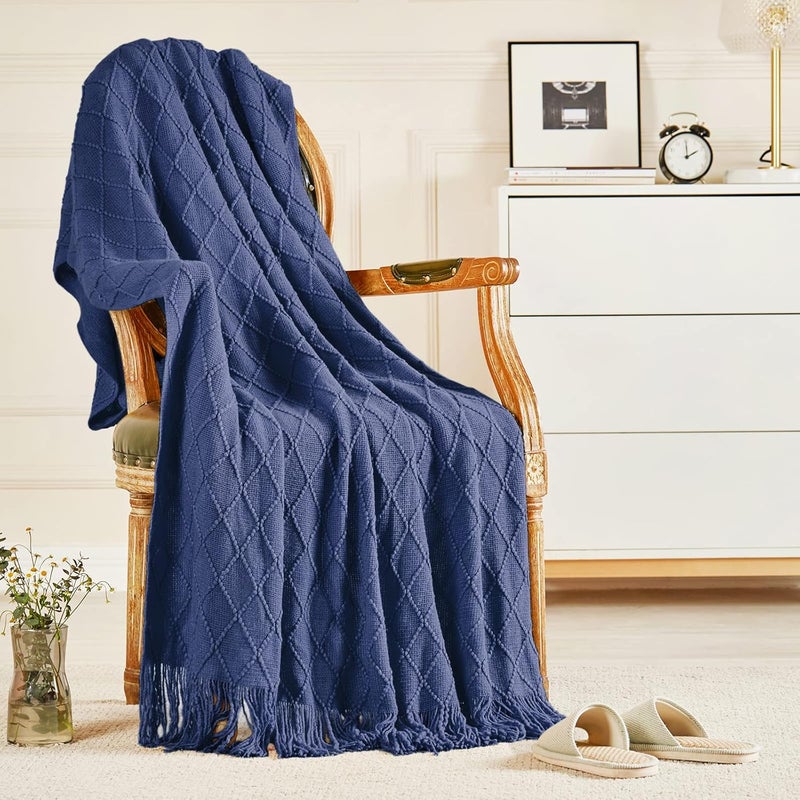 inhand Knitted Throw Blankets for Couch and Bed, Soft Cozy Knit Blanket with Tassel, Navy Blue Lightweight Decorative Blankets and Throws, Farmhouse Warm Woven Blanket for Men and Women, 50"x60" - Image 1