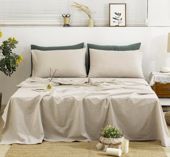 BEDDING 100 LINEN SHEETS CALIFORNIA KING 4PCS LINEN SHEETS SET CAL KING SOFT DURABLE DEEP POCKET FITTED SHEET FLAT SHEET 2 PILLOWCASES NATURAL LINEN CALIFORNIA KING SIZE