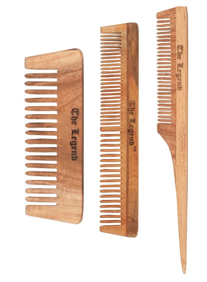 The Legend Neem Wooden Hair Comb for Women & Men | Hair Growth | Dandruff Remover | Curly Hair Neem Wood Wide Tooth for Detangler with Long Handle (Wideteeth,Long Handle and Normal, Pack of 3) - Image 1