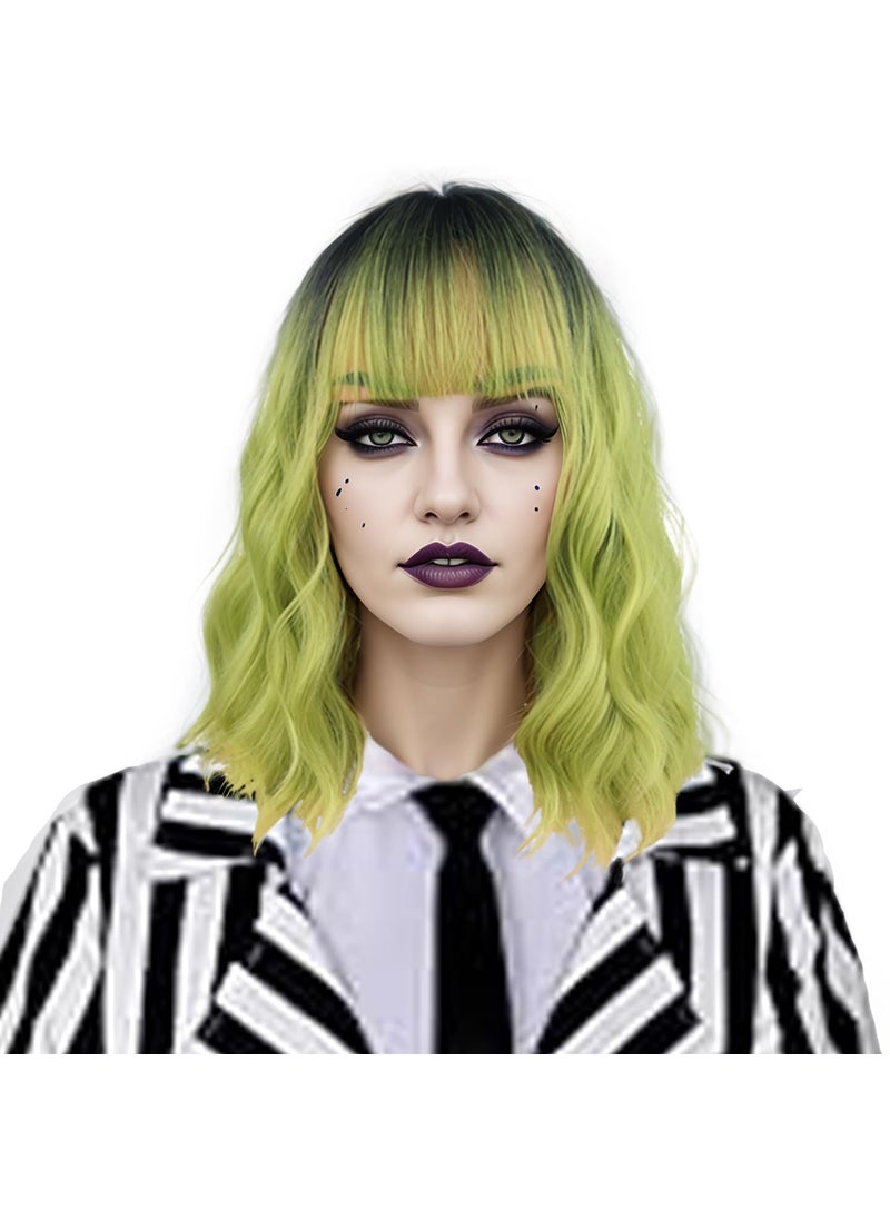 MAGQOO MAGQOO Green Wig for Women Girls Matcha Green Wig Short Curly Wavy Ombre Green Wig with Bangs Synthetic Heat Resistant Halloween Cosplay Costume 