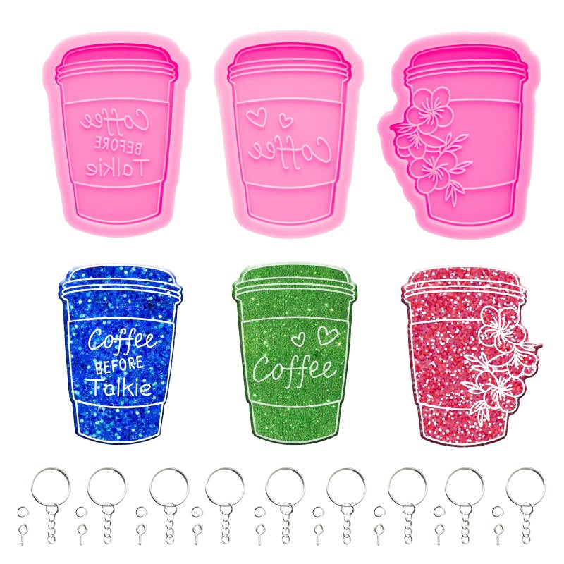 43Pcs Resin Molds Silicone Kit 3pcs Shiny Glossy Coffee Cup Shape Silicone Molds for Resin Epoxy Casting Molds Keychains Jump Ring and Screw Eye Pins for DIY Keychain Pendant Polymer Clay Mold