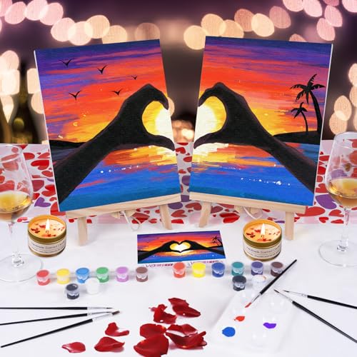 VOCHIC Date Night Painting Kit for Couples Sip and Paint Kit for Adults Couples Pre Drawn Canvas to Paint for Adults Art Set Sunset Heart Valentine 2 Pack 8 X 10 - Image 3