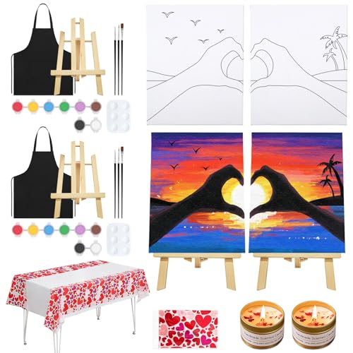 VOCHIC Date Night Painting Kit for Couples Sip and Paint Kit for Adults Couples Pre Drawn Canvas to Paint for Adults Art Set Sunset Heart Valentine 2 Pack 8 X 10 - Image 1