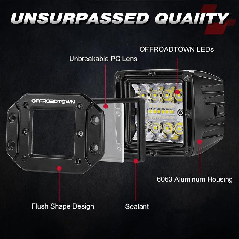 OFFROADTOWN Flush Mount LED Pods, 2pcs 5'' 78W Driving Light Work Lights Flush LED Light Bar Super Bright Fog Off Road Lights for Truck UTV ATV SUV Boat 4x4 Car - Image 3