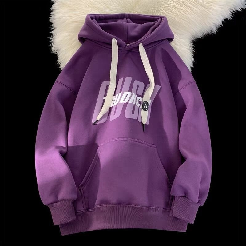 New Hong Kong style fleece-lined sweater mens and womens 2024 trendy youth autumn and winter fleece-lined hooded coat wholesale generation Dark purple [plus velvet]