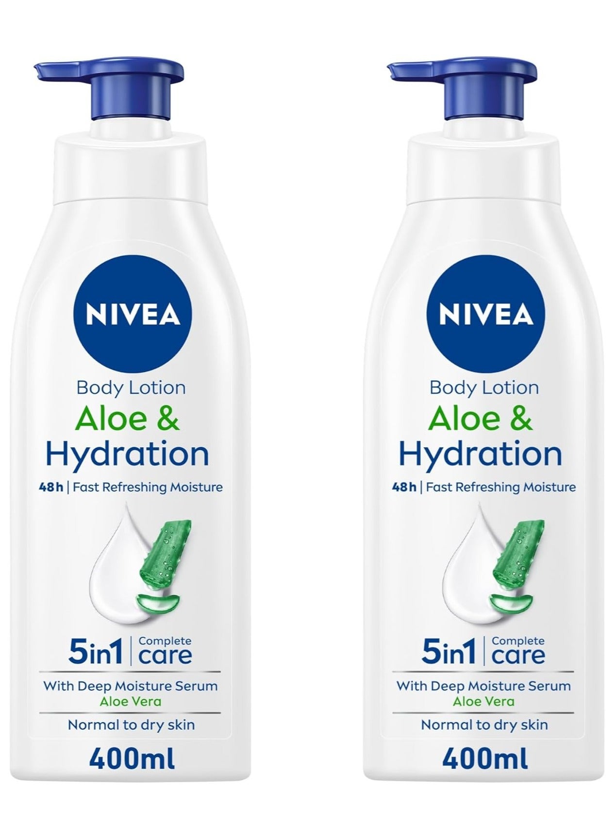 NIVEA Body Lotion for Normal to Dry Skin, Aloe & Hydration, 5in1 Complete Care, with Deep Moisture Serum, 48H Fast Refreshing Moisture, 2x400ml, Pack of 2