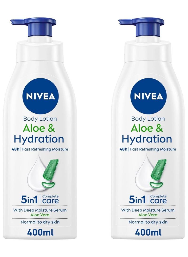 NIVEA Body Lotion for Normal to Dry Skin, Aloe & Hydration, 5in1 Complete Care, with Deep Moisture Serum, 48H Fast Refreshing Moisture, 2x400ml, Pack of 2