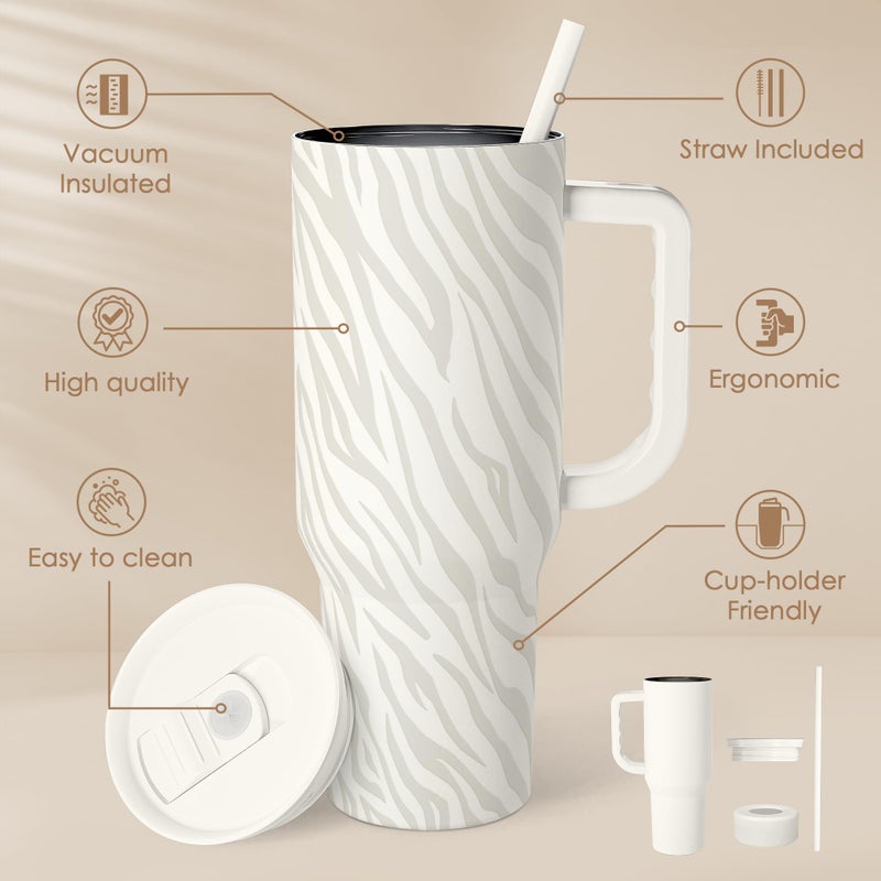 SANDJEST Zebra Skin 40oz Slider Tumbler with Handle and Straw - Insulated Stainless Steel Travel Coffee Mug for Women Girls, Gift for Birthday, Christmas - Image 2