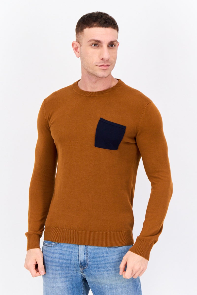 Jules Men Crew Neck Long Sleeves Knitted Sweater, Brown - Image 1