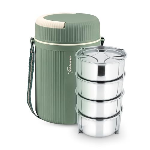 Trueware Stainless Steel Quick Meal 4 Insulated Thermoware Hot Lunch Box with 4 SS Container 300 ML Each | Office Lunch Box | BPA Free | Food Grade (Green, Extra Large) - Image 1