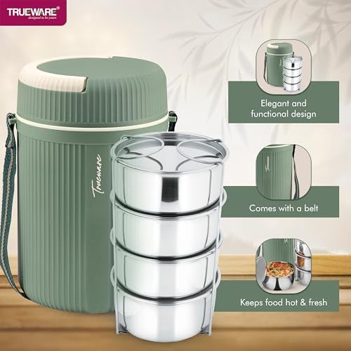 Trueware Stainless Steel Quick Meal 4 Insulated Thermoware Hot Lunch Box with 4 SS Container 300 ML Each | Office Lunch Box | BPA Free | Food Grade (Green, Extra Large) - Image 4