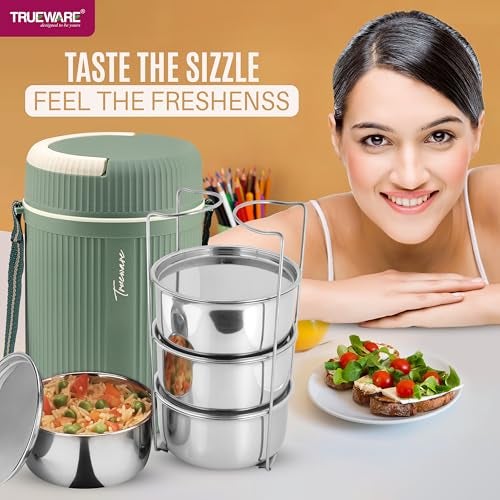 Trueware Stainless Steel Quick Meal 4 Insulated Thermoware Hot Lunch Box with 4 SS Container 300 ML Each | Office Lunch Box | BPA Free | Food Grade (Green, Extra Large) - Image 2