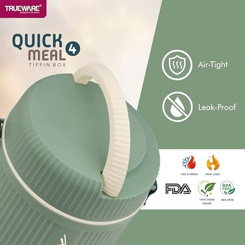 Trueware Stainless Steel Quick Meal 4 Insulated Thermoware Hot Lunch Box with 4 SS Container 300 ML Each | Office Lunch Box | BPA Free | Food Grade (Green, Extra Large) - Image 5