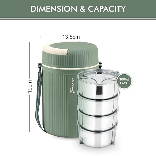Trueware Stainless Steel Quick Meal 4 Insulated Thermoware Hot Lunch Box with 4 SS Container 300 ML Each | Office Lunch Box | BPA Free | Food Grade (Green, Extra Large) - Image 3
