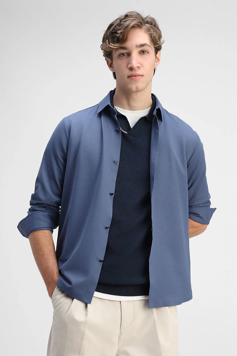 سنيتش Blue Solid Long Sleeve Regular Fit Shirt