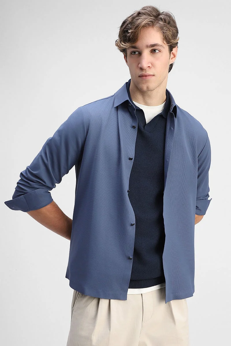 سنيتش Blue Solid Long Sleeve Regular Fit Shirt
